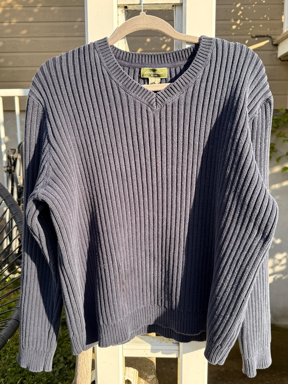 Vintage Eddie Bauer Ribbed V-Neck Sweater in Navy - Heavy Cotton - Fall
